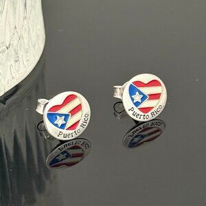 Puerto Rico Heart Flag Earrings S925 Sterling Silver Handmade Ear Stud